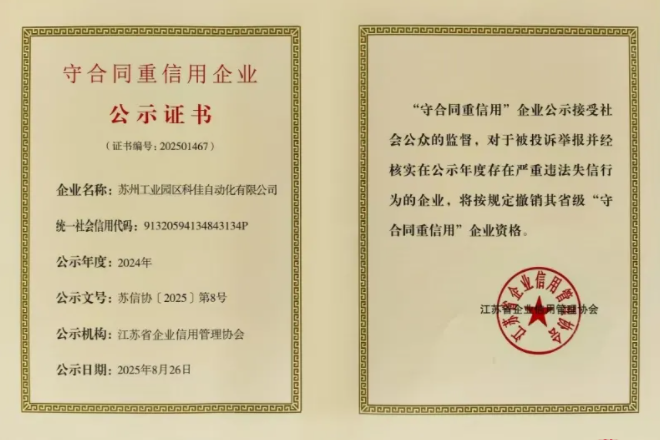 科佳喜讯丨蝉联“守合同重信用”认证与省级信用协会会员殊荣